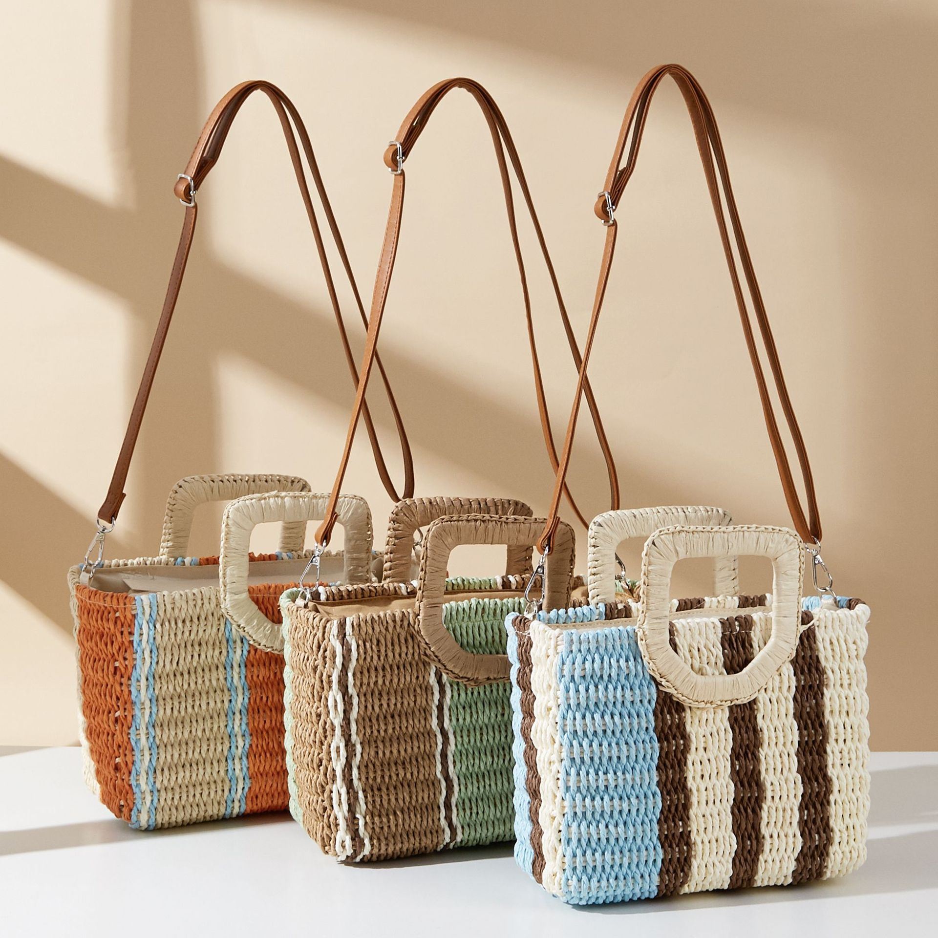 1148g Weight Weave Fashion Element Women's Paper Color Block Stripe Vacation Beach Weave Square Zipper Straw Bag