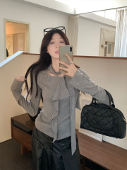 韩版荷叶边挂脖飘带长袖T恤女2025春秋新款温柔初恋显瘦气质上衣