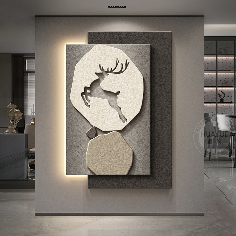 现代轻奢麋鹿玄关装饰画石来运转走廊过道挂画寓意好立体砂岩壁画