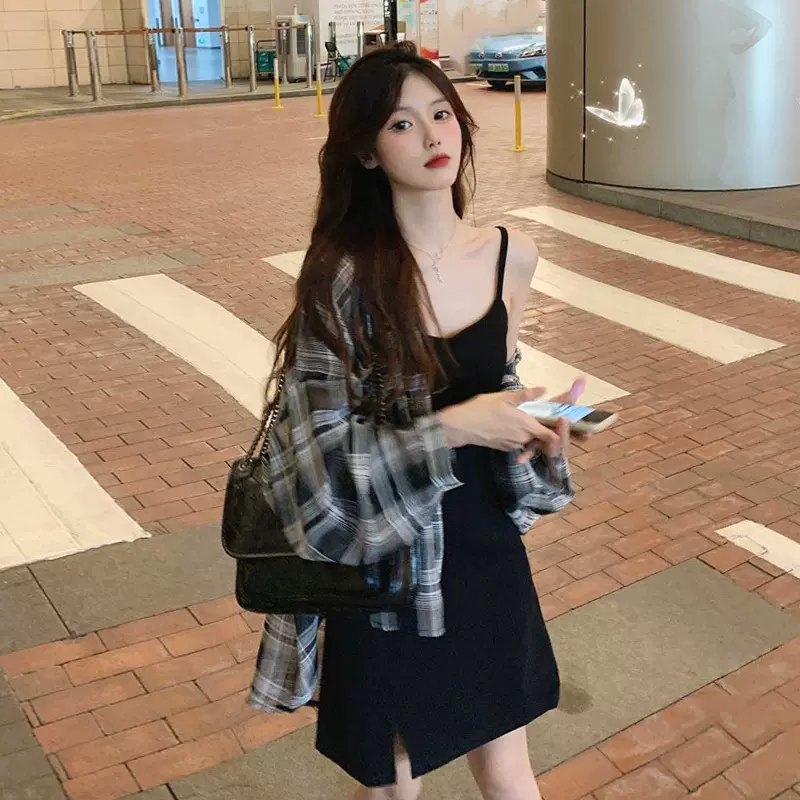 2025夏季新款韩版慵懒风宽松格子上衣中长款长袖衬衫外套女