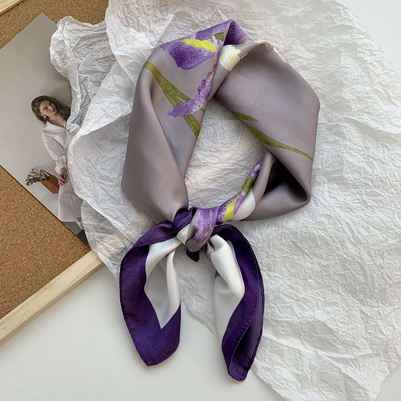 Bufanda de seda, bufanda cuadrada pequeña, sensación premium, nuevo estilo coreano, chal de seda de imitación dulce y fresco, bolso de flores, pañuelo en la cabeza, cinturón para el cabello