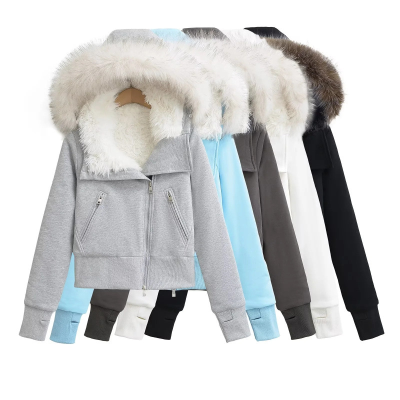 2024 autumn and winter double pull head hooded green fur collar slant plush liner cotton-padded jacket coat hooded cardigan sweater