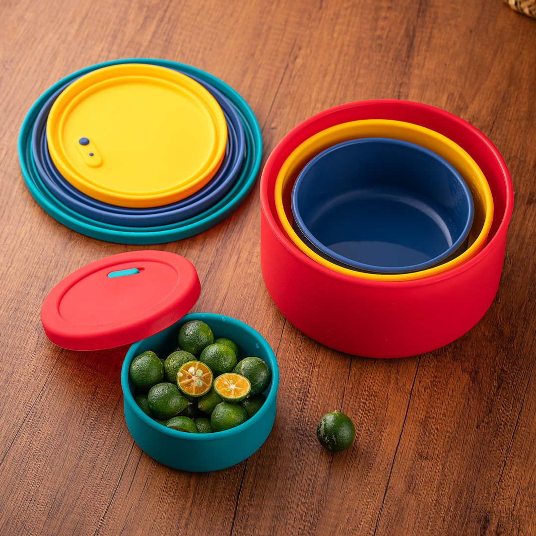 现货 硅胶保鲜盒圆形带盖野餐盒水果蔬菜收纳四个尺寸硅胶便当盒