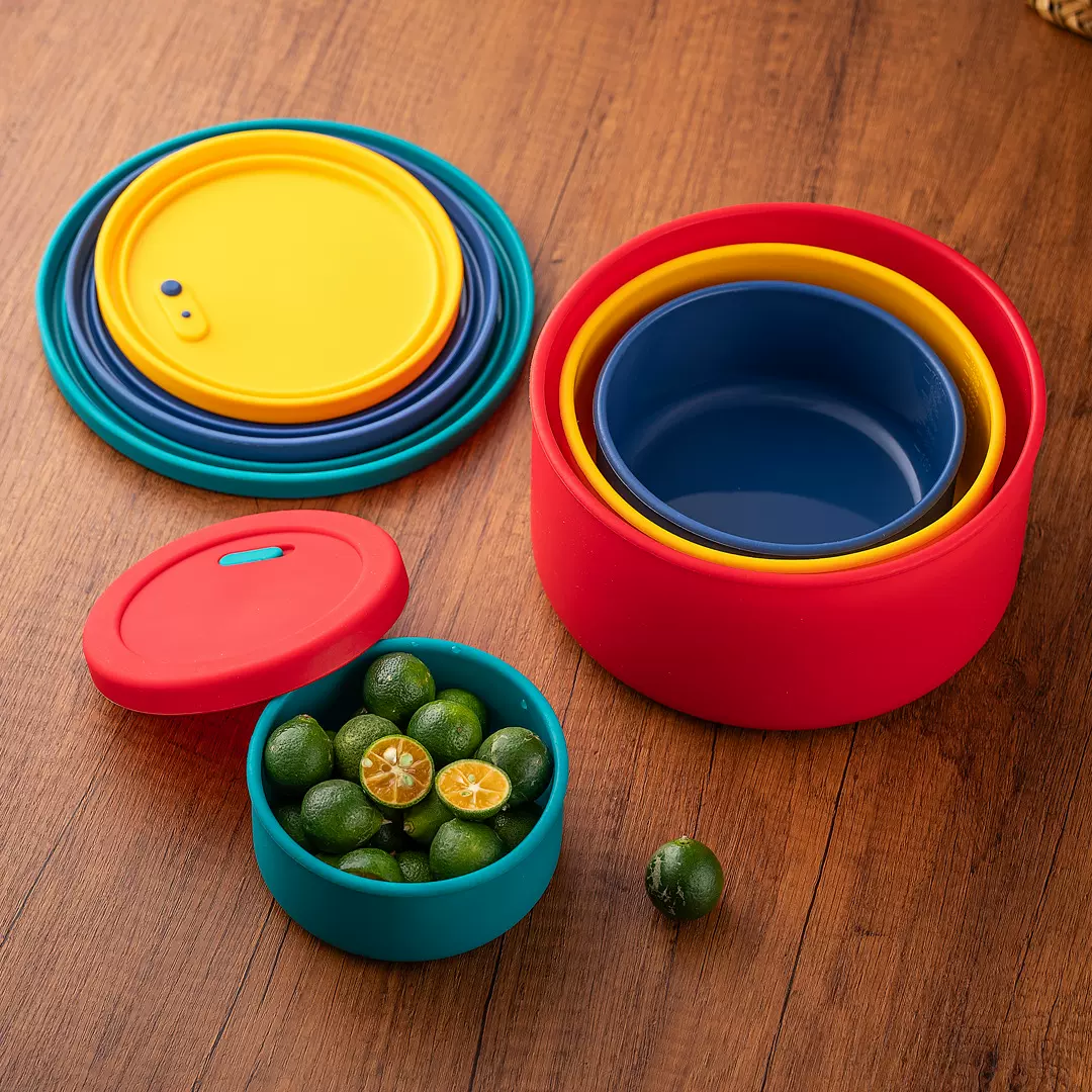现货 硅胶保鲜盒圆形带盖野餐盒水果蔬菜收纳四个尺寸硅胶便当盒