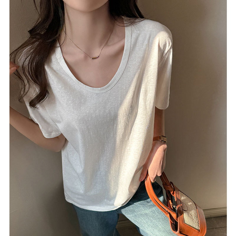 White Basic Short-Sleeved T-Shirt for Women, Summer and Korean Style, Loose, Slim, Lazy Style, Right Shoulder, High-End Snowflake Cotton Top