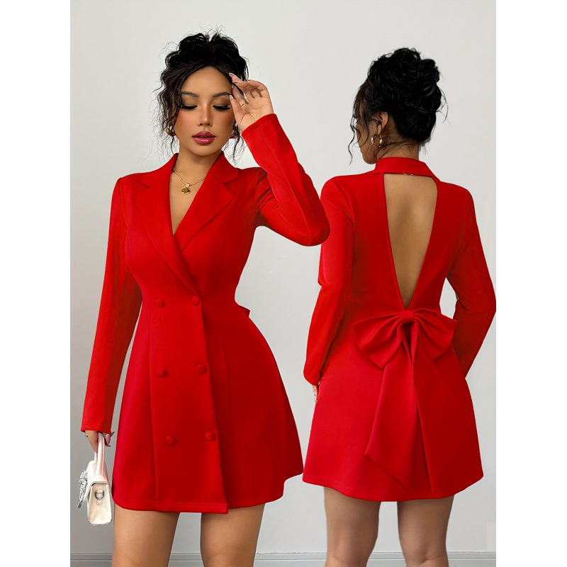Women's Autumn and Winter Fashionable and Elegant Suit Collar Double-Breasted V-Neck Backless Long-Sleeved Short Dress with Large Bow Women's Autumn and Winter Fashionable and Elegant Suit Collar Double-Breasted V-Neck Backless Long-Sleeved Short Dress with Large Bow