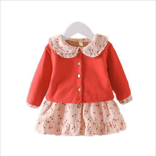 Children's clothing set for girls, autumn set for little girls, stylish top two-piece set with floral small jackets + cotton cardigan, Korean style