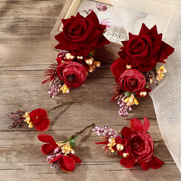 Bride Xiuhe Headdress Red Simulated Flower Wedding Wedding Head Flower Xiuhe Clothing Toast Clothing Hair Accessories Retro Style