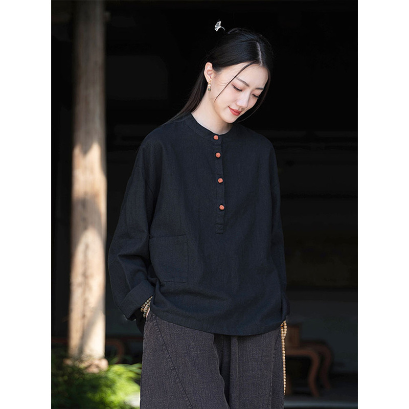 女性用在家服、中国風婦人服、綿麻ボタン付きトップス、禅服、中国風仏教禅無地スーツ|undefined