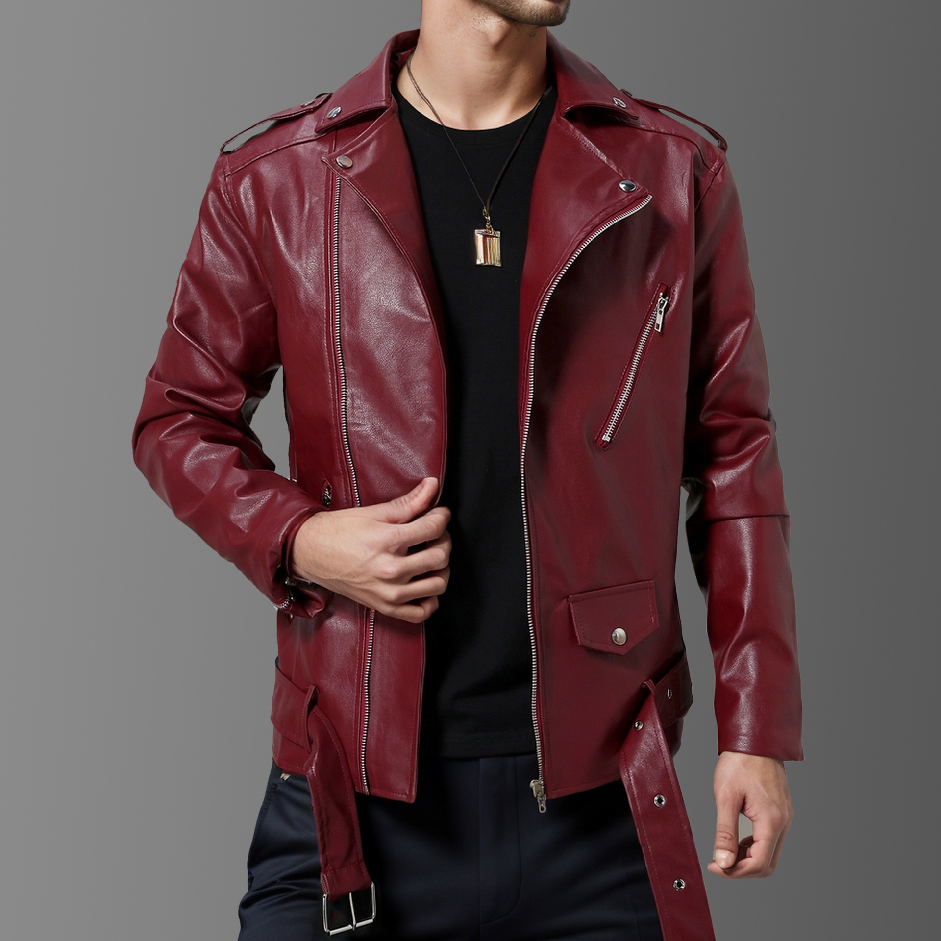 24 autumn/winter new men's high-quality slim fit lapel sloping British fashion motorcycle suit leather jacket_voghion.com