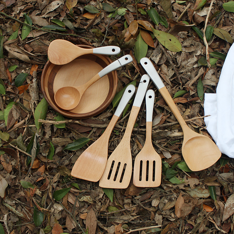 櫸木不粘鍋長(zhǎng)柄鍋鏟開槽煎鏟木質(zhì)小飯勺 銀色手柄彎湯勺 廚具套裝