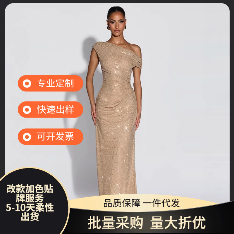 Cross-Border European and American 2026 Spring and Autumn New High-End Women's Fashion One-Shoulder Cut-Out Waist Slim-Fit Rhinestone Long Dress for Women Cross-Border European and American 2026 Spring and Autumn New High-End Women's Fashion One-Shoulder Cut-Out Waist Slim-Fit Rhinestone Long Dress for Women