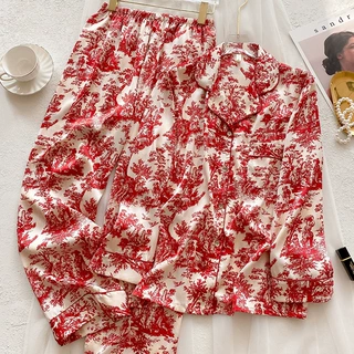 红色睡衣女冰丝本命年春秋款高级感长袖薄款休闲印花甜美家居套装