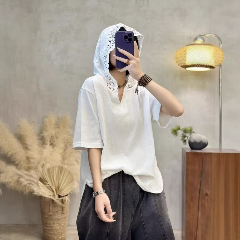 Lace Hooded Pure Cotton Short-Sleeved T-Shirt for Women, Versatile Large Size Loose Half-Sleeved T-Shirt for Summer