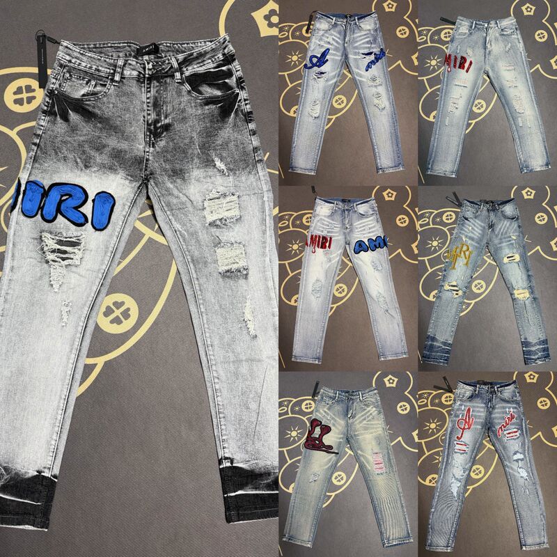 American High Street Style Ripped Jeans Amiri Embroidered Distressed Patch Elastic Slim Fit Trendy Men's Pants Distressed Pants American High Street Style Ripped Jeans Amiri Embroidered Distressed Patch Elastic Slim Fit Trendy Men's Pants Distressed Pants