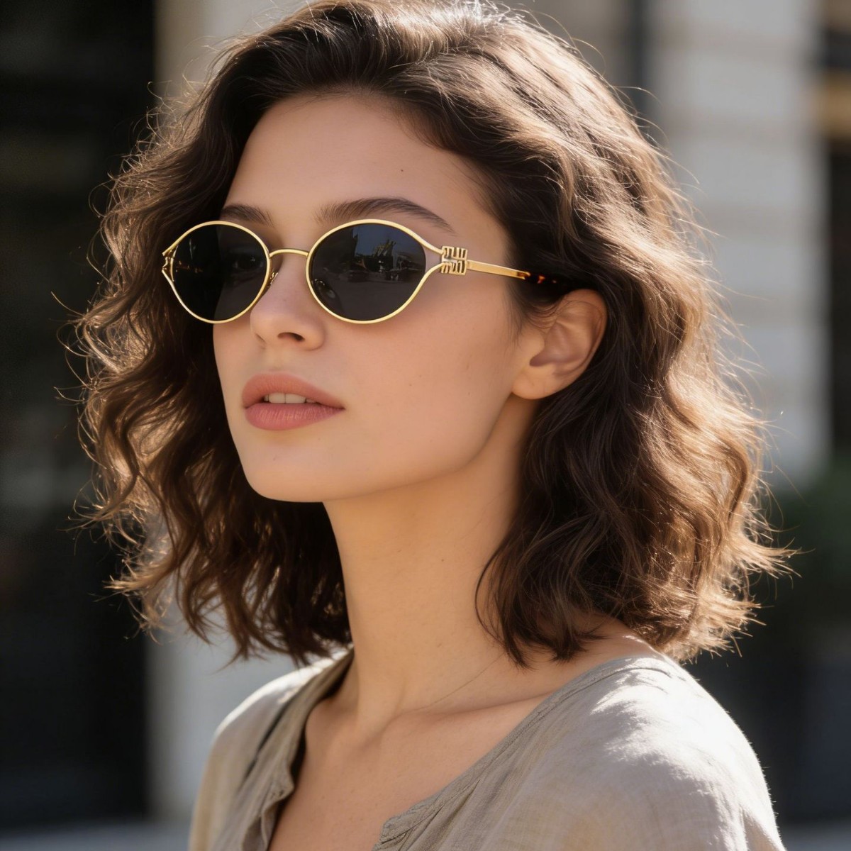 Miu Metal Oval Çərçivəli Günəş Eynəyi, Retro Tısbağa Dəstəkli
