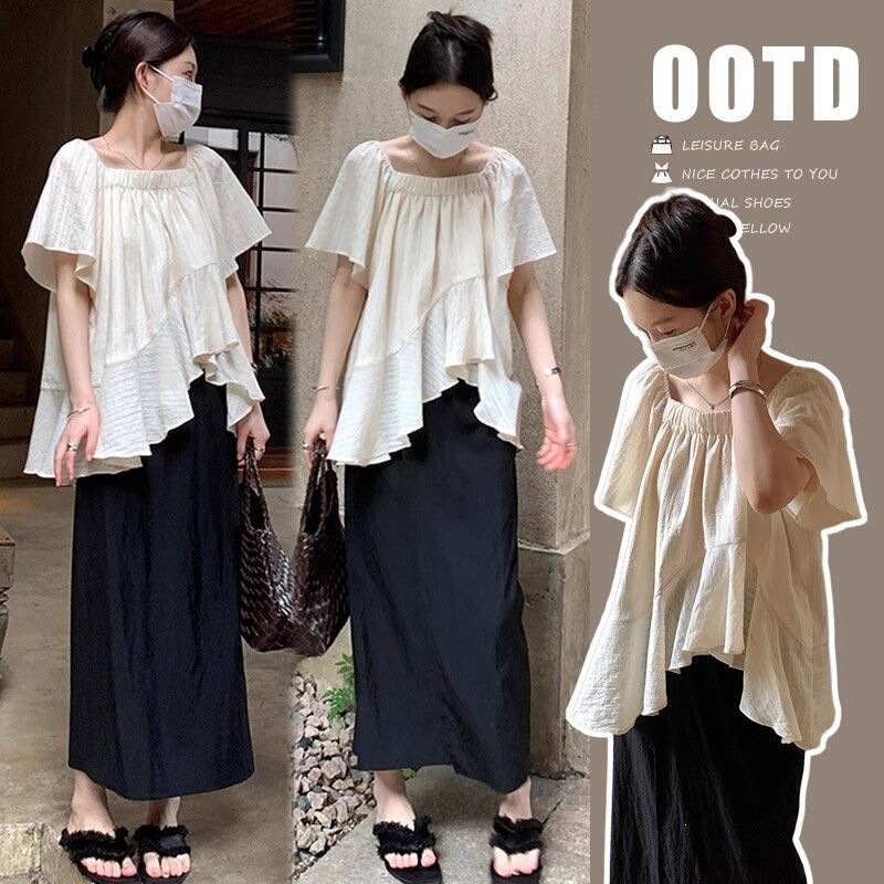 Plus-Size Women's Summer Thin Square-Neck Shirt with a Stylish Design, Asymmetrical Slit, Slimming, Versatile, Age-Reducing Maternity Top for Women