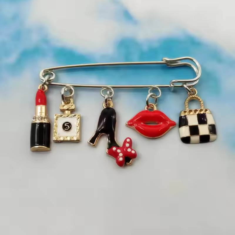 Cute Enamel High Heels Lip Lipstick Brooch High-Quality Perfume Bottle Fashion Bag Girl Bag Pendant Pin