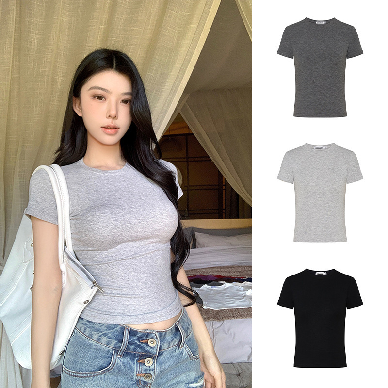 Moses Queen Multi-Color Figure-Flattering Waist-Cinching Straight-Shoulder T-Shirt for Women, Summer Slim-Fit Round-Neck Short-Sleeve Top
