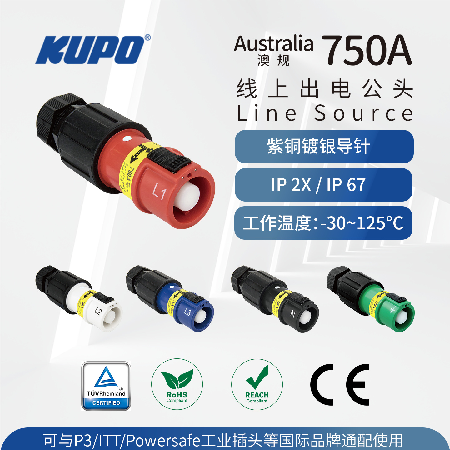 TUV 单芯750A/1000V 通配 P3 ITT Powersafe工业插头IP67级防水