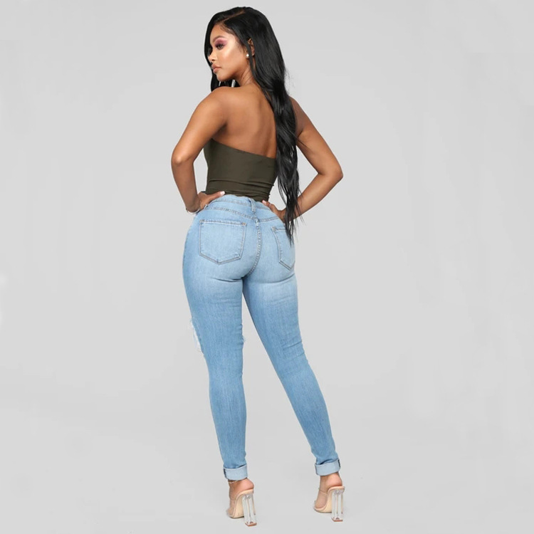 High Waist High Elastic Ripped Slim-Fit Jeans NSWL105844