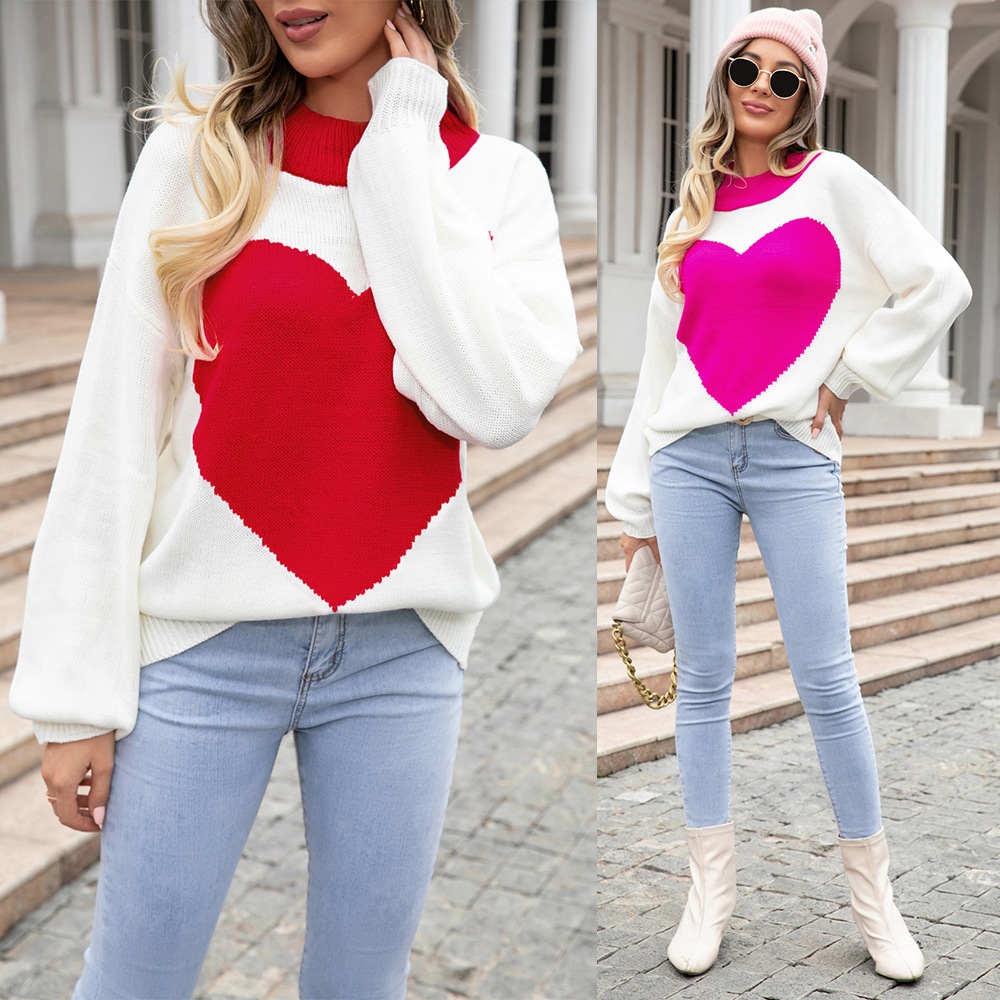 Suéter de Punto con Cuello Redondo y Estampado de Corazón Grande para el Día de San Valentín, Novedades de Primavera 2025, Comercio Exterior de Amazon, para Mujer