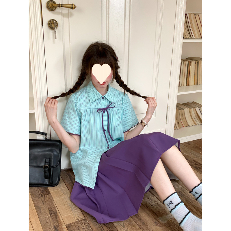 甘いカレッジスタイルスーツストライプミントキャンディシャツ夏半袖多用途ハイウエストミッドナイトパープルプリーツスカート女性用|undefined