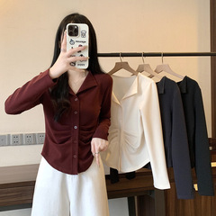 不规则V领褶皱长袖针织衫女2025秋季新款正肩修身显瘦打底衫A6519