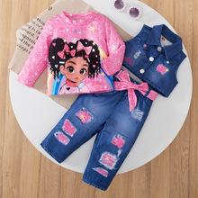 2024跨境外贸专供仿牛仔印花马甲圆领上衣裤子3件套童套装