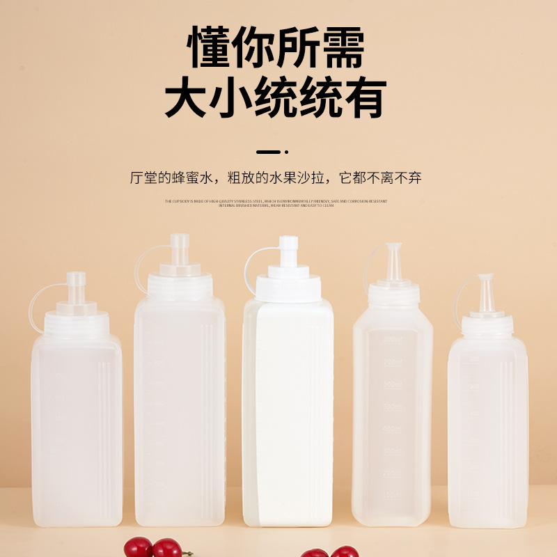 Botella de salsa exprimida de plástico cuadrado, mermelada, salsa de tomate, aderezo para ensaladas, botella de salsa de gran calibre, botella de salsa comercial, botella de salsa exprimida