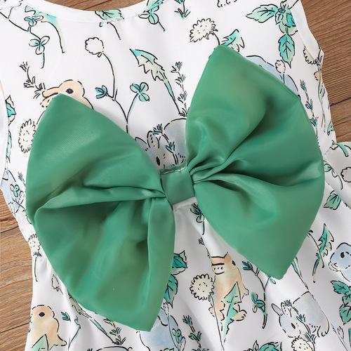INS Summer Girls' Round Neck Sleeveless Printed Cute Bow Fashion Dress