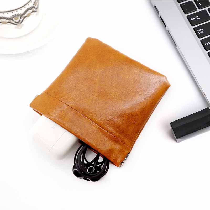 Nueva bolsa de almacenamiento de cuero de cera de aceite, línea de datos de viaje, bolsa de almacenamiento de joyería de cambio, mini bolsa de almacenamiento cerrada automática