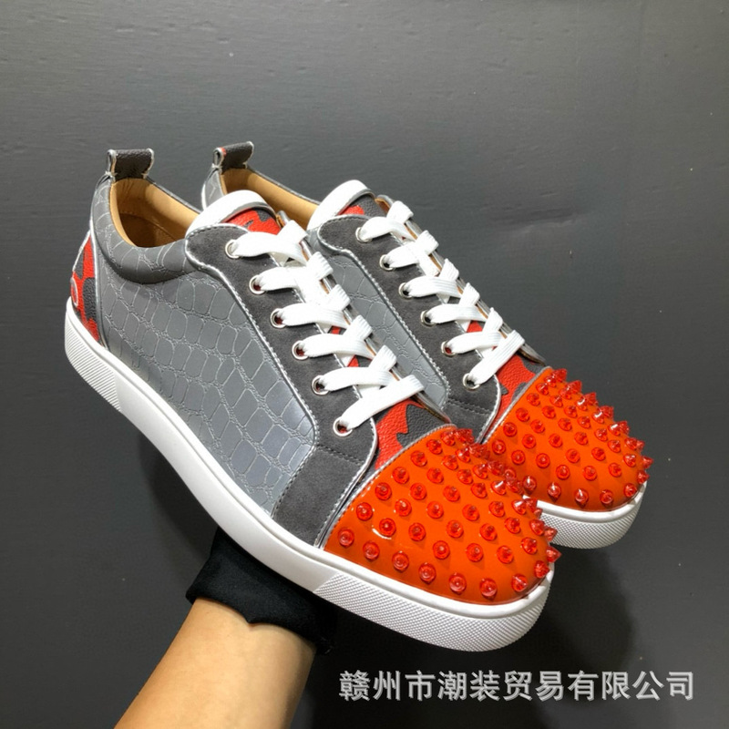 Cl Andgz Men's Shoes Gray Crocodile Pattern with Orange Nails Low-Top Red Sole Shoes Women's Shoes Rivet Sports Casual Sneakers