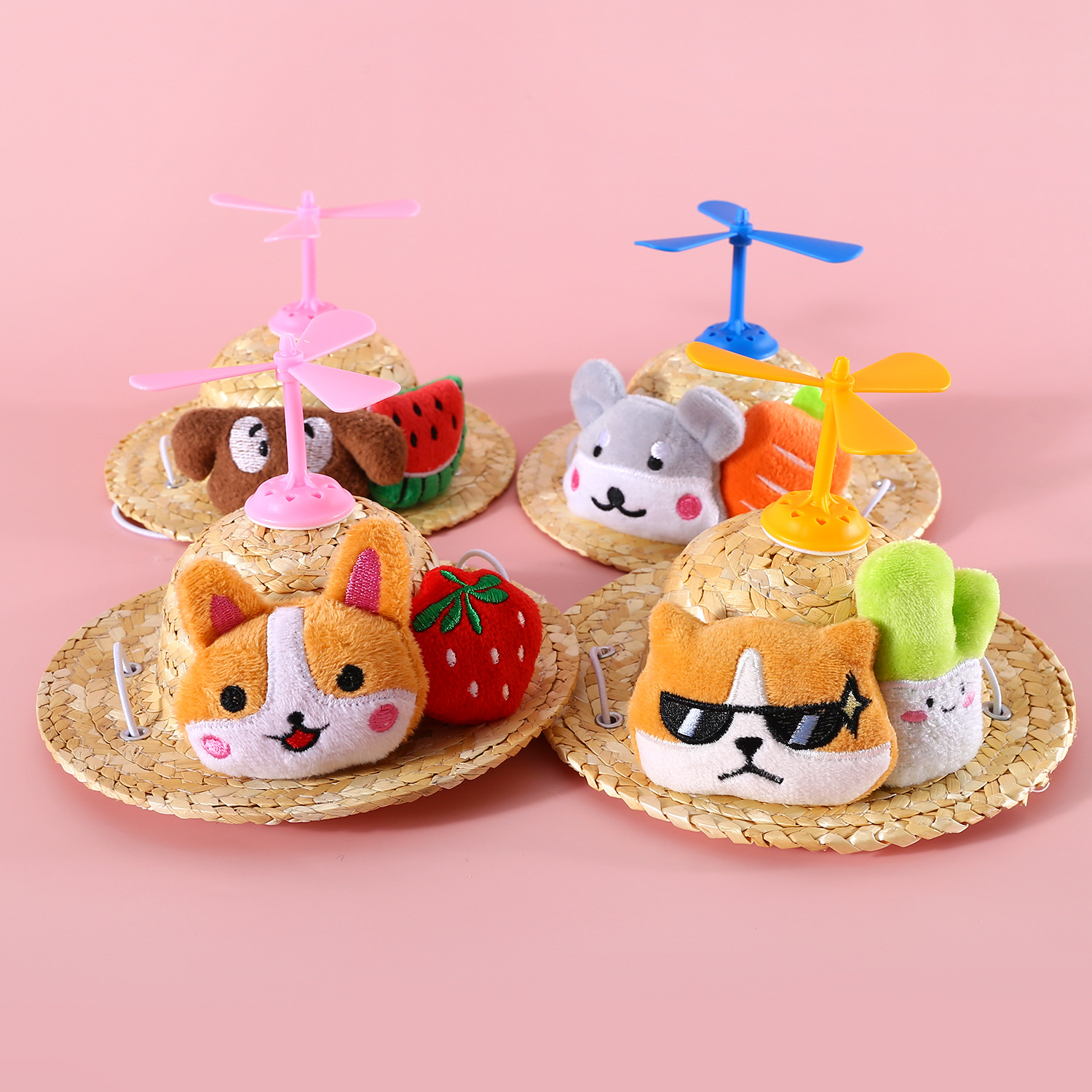 Shiba Inu perro excursión dibujos animados lindo fruta sombrero de paja aviones gato mascota sombrilla bambú libélula Red Sombrero Corgi
