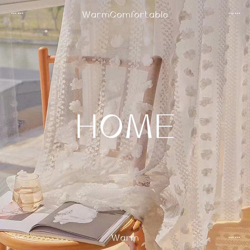Beautiful French curtain romantic light luxury high-end white yarn embroidery fur ball gauze curtain balcony living room retro lace window screen