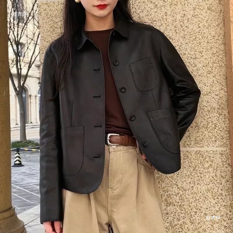 Lapel Leather Jacket for Women 2025 Autumn and Winter Casual Elegant Short Korean Style Loose and Versatile Motorcycle Jacket Top