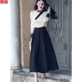 Y9Z秋季法式两件套重工钉珠圆领蝴蝶结气质简约衬衫高腰百褶半身