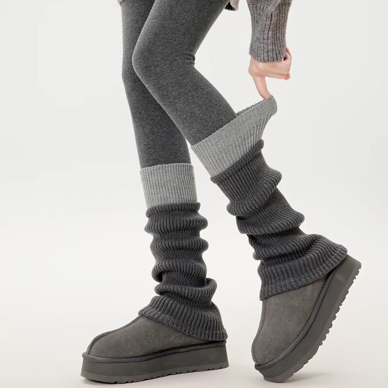 Gray Knitted Sock Covers for Women, Mid-Calf, Autumn and Winter Design, Thick Wool Slouch Socks, Color-Blocking Y2K Calf Leg Warmers