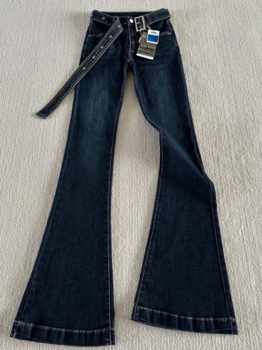 Women's Extra Long Flared Jeans 175 Cm Tall Dark Blue Low Waisted Slim Fit Stretchy Floor Length_voghion.com