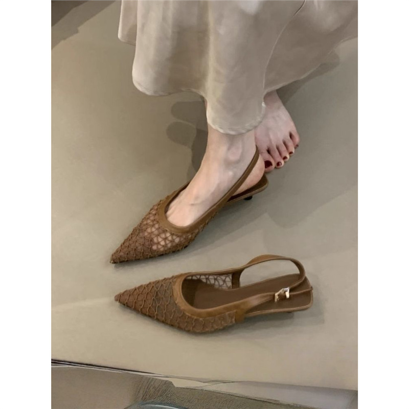 French-Style Niche High Heels 2026 Summer Retro Hollow Mesh Breathable Pointed Toe Shallow Mouth Stiletto Closed-Toe Sandals