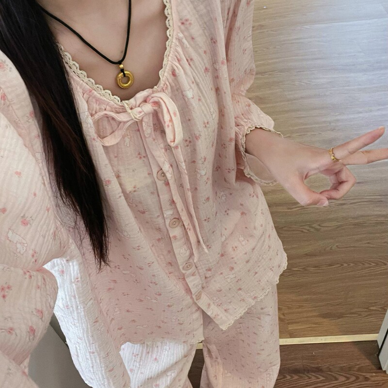 Sweet Girl Ins Floral Pajamas Women's 2025 Spring and Autum New Large Size Long-Sleeved Pants Home Wear Set Sweet Girl Ins Floral Pajamas Women's 2025 Spring and Autum New Large Size Long-Sleeved Pants Home Wear Set