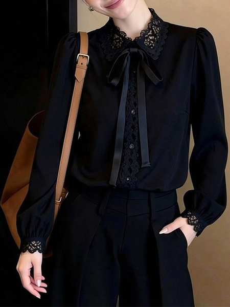Retro lace spring black elegant shirt with bow