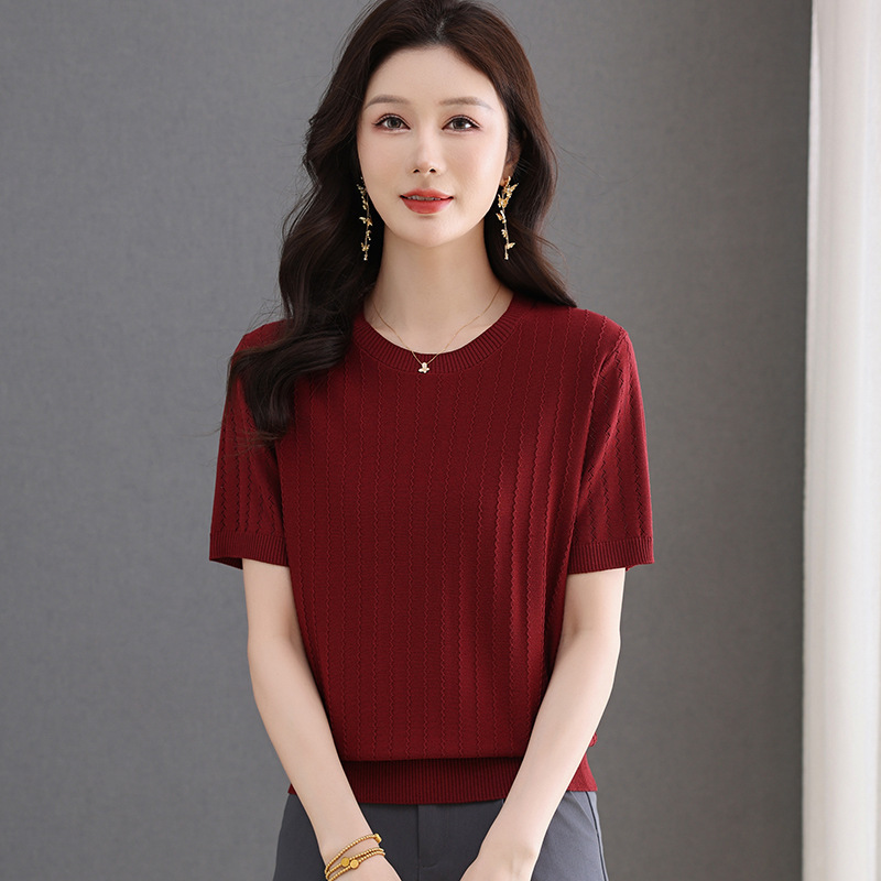 アイスシルクセーター半袖Tシャツ中年母親向け、おしゃれな夏服2025新作夏薄いお腹カバートップ|undefined