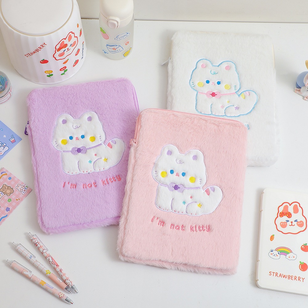 New Cute Cat Plush Tablet Bag for Girls, Cartoon Soft and Adorable iPad Inner Case Protective Cover Clutch Bag