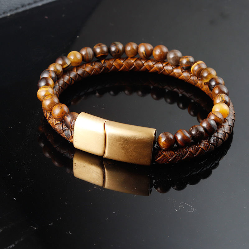 Vintage Style Style Vintage Style 316L Stainless Steel Pu Leather Geometric Woven Chain Men Cord & Leather Bracelets
