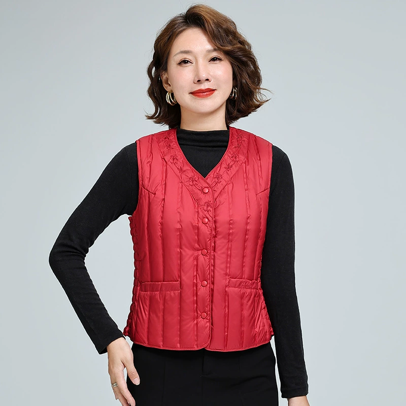 Keep warm vest with down for mother, increased thickness, with embroidery, duck down, for middle age