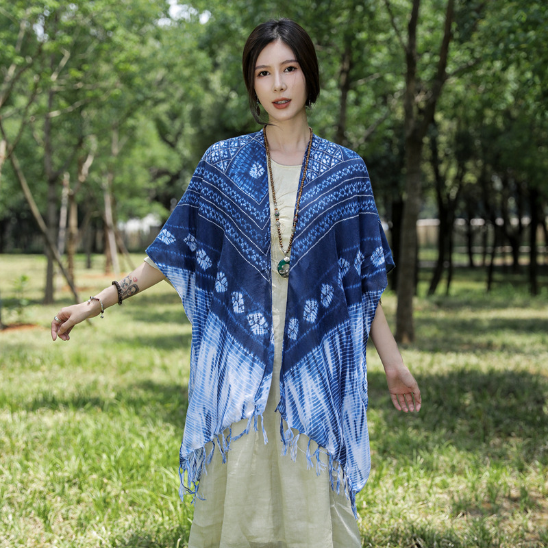 Yunnan Lijiang bufanda de seda de viaje estilo étnico verano ligero tie-dyed protector solar Toalla de playa exterior chal decorativo para las mujeres