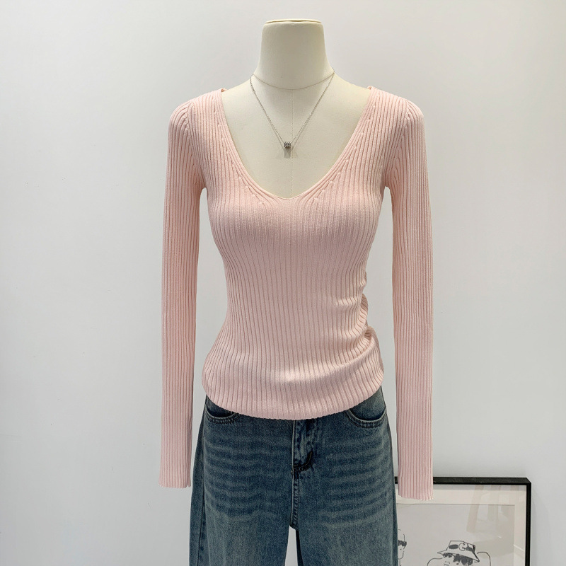 American European and Korean Style Gentle and Sweet Pink V Neck Long-Sleeved Inner Knitwear for Women 2025 New Autum Style
