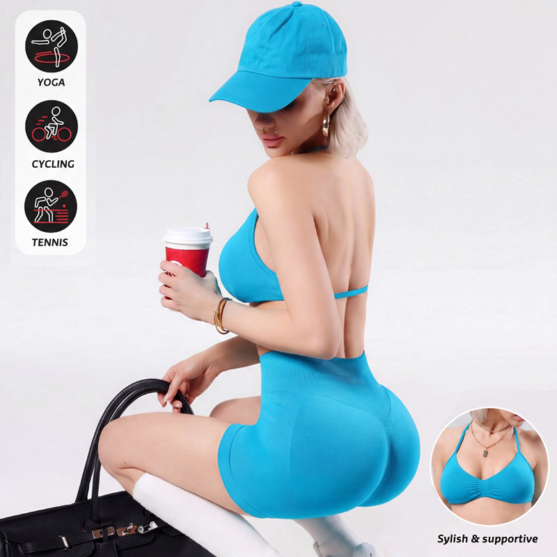 Df Sports Yoga Set for Women: Halter Neck Sports Bra with Beautiful Back Design, Waist-Cinching Peach Butt Fitness Shorts