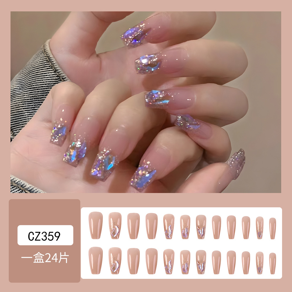 Polvo desnudo de oro brillante fantasma de diamante púrpura manicure exquisita sensación de alto nivel de desgaste de uñas 24 piezas empaquetadas parches de uñas terminados